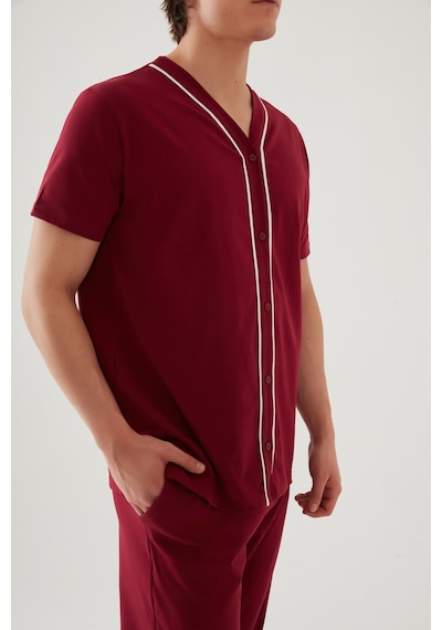 Erkek Kısa Kollu Pamuklu Gömlek Yaka Düğmeli Biyeli Pijama Takımı Ke30118 Bordo