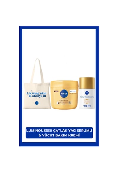 Nivea Luminous630 Çatlak Karşıtı Vücut Bakım Yağı Serumu 100 ML + Cocoa Butter Vücut Bakım Kremi 400 ML + Çanta