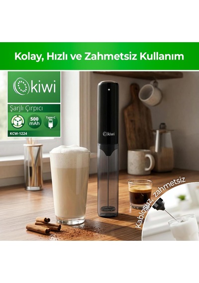 Kcw-1224 Şarjlı Kablosuz Mini Mikser Tek Bardaklık Ayran, Kahve Ve Yumurta Çırpıcı, Kapaklı Type-c Güçlü Süt Köpürtücü Belirtilmemiş