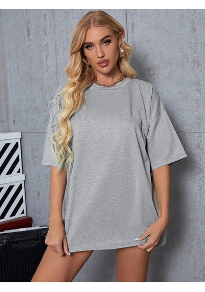 Gri Basic Düz Baskısız Oversize Salas Boyfriend Kadın T-shirt Gri