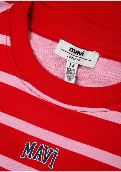 Mavi Çizgili Kırmızı Kız Çocuk Sweatshirt M7s10038-88044