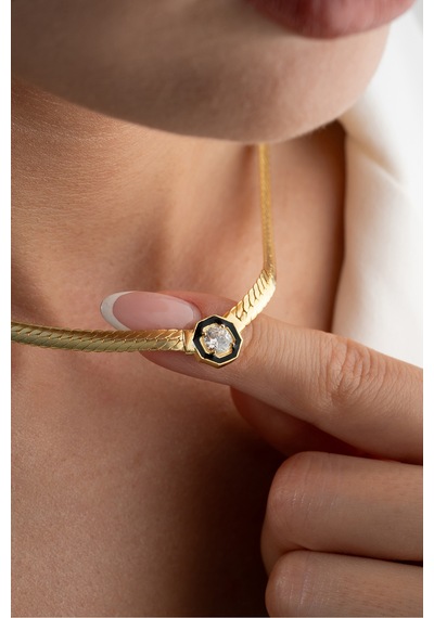Çekirdekjewelry 925 Ayar Gümüş Şık Zincir Kolye Balık Sırtı Model Zirkon Taşlı Sarı