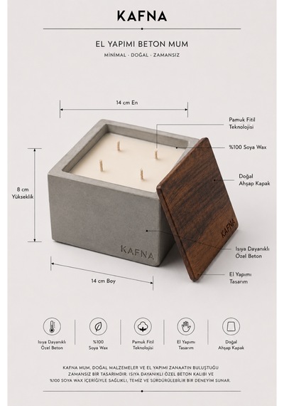 Kafna Büyük Boy Beton Mum Doğal Ahşap Kapaklı Minimalist Dekor Mum Diğer