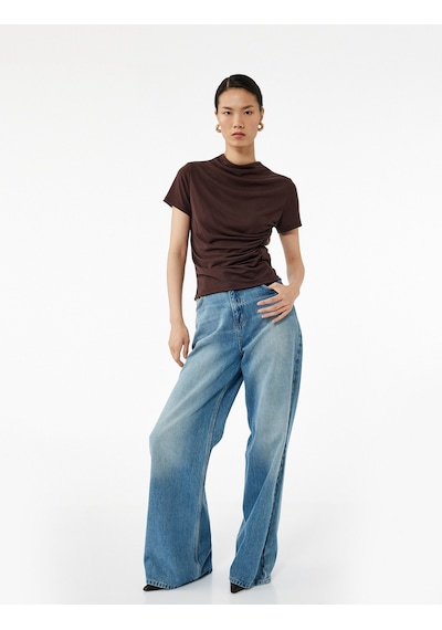 Koton Slim Fit Büzgülü Kısa Kollu Dik Yaka Bluz Kahverengi 6wak70002ek Kahve