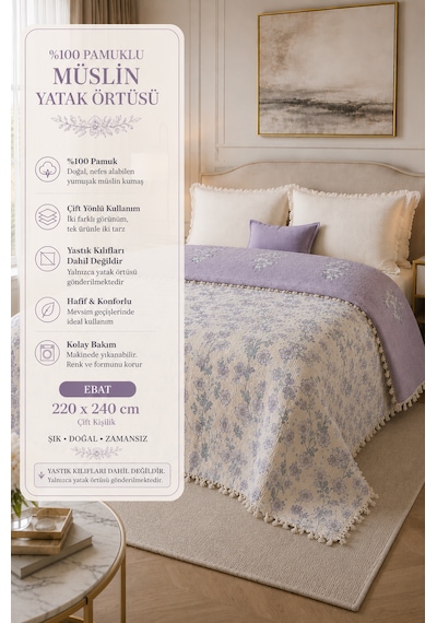 Premium Çiçek Desenli %100 Pamuk Müslin Yatak Örtüsü , Pike , 4 Mevsim Lila