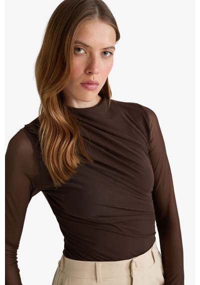 Defacto Slim Fit Dar Kesim Tül Uzun Kollu Çıtçıtlı Body G3075ax25aubn220 Kahve