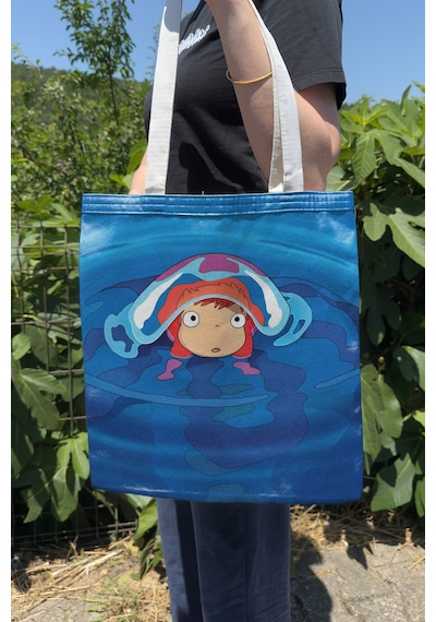 Zipzap Ponyo Miyazaki Ghibli V1 Yazlık Kışlık Çift Taraflı Kanvas Baskı Bez Çanta Anime Çantası