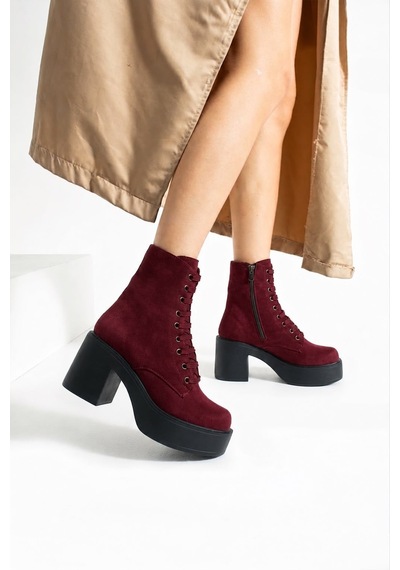 Dabab Shoes Melvıan Kadın Bordo Lüks Süet Bağcıklı Fermuarlı İçi Kürklü 8 Cm Kalın Topuklu 3 Cm Platform Bot Bootie