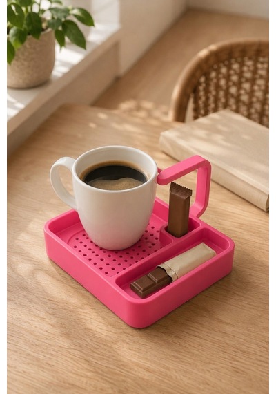 Kahve Sunum Tepsisi Çok Bölmeli Masa Üstü Organizer Kupa Fincan Standı Pla 12.5x11x7 Cm Pembe