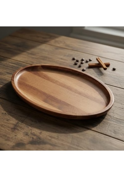 Akasya Ağacı Oval Sunum Tabağı 28x18 Cm Yükseltilmiş Kenarlı Doğal Ahşap Servis Tepsisi Kahve, Peynir Ve Atıştırmalık Sunumları İçin 15cm