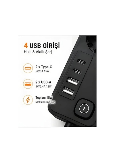 Akım Korumalı 5 Li Priz 2xusb 2xtype-c Çıkış Akım Koruma Çoklu Priz Çoğaltıcı Anahtarlı Ftr-31 Siyah 2 M