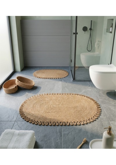 Senza Atelier Bohem Lüks Hasır Banyo Seti - Jüt Örgü Kaymaz Paspas Ve Saklama Sepeti - 4 Parça Banyo Aksesuar Seti Jüt Hasır