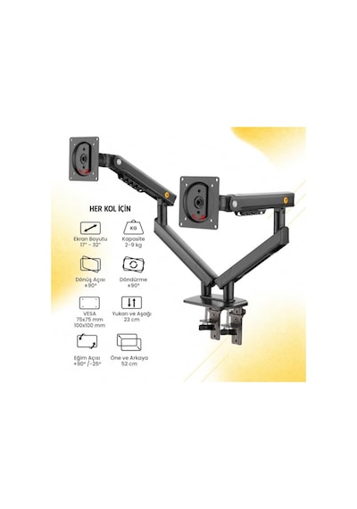 North Bayou Nb Ergonomic F160 17-32" Çift Kol 2-9 Kg Amortisörlü Monitör Standı Açık Ceviz North Bayou Nb Ergonomic F160 17-32" Çift Kol 2-9 Kg Amortisörlü Monitör Standı Açık Ceviz