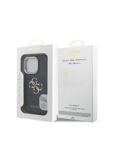 Apple Uyumlu iPhone 16 Pro Max Kılıf Guess Lisanslı Metal 4g Ve Yazı Logolu Kamera Standlı Kapak Siyah