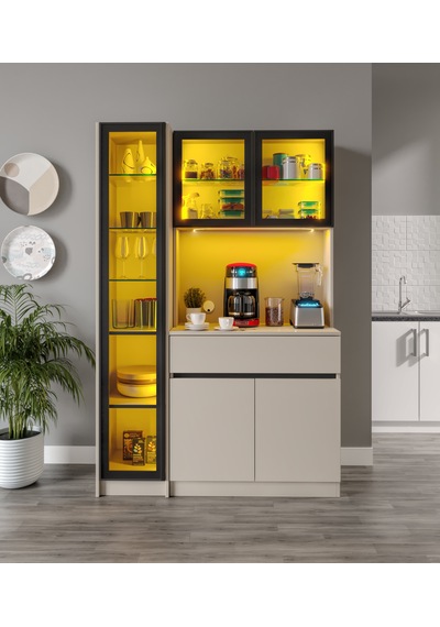 Lora Kum Beji Midi Sol Vitrinli Komple Mdf Led Aydınlatmalı Kahve Köşesi Lora Kum Beji Midi Sol Vitrinli Komple Mdf Led Aydınlatmalı Kahve Köşesi