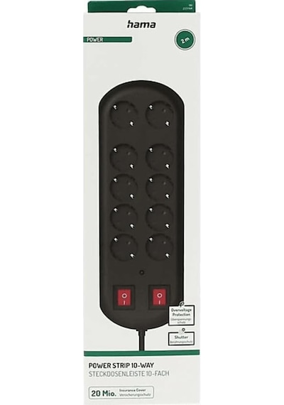 10'lu Akım Korumalı Priz, 2 Switches, 2m, Siyah Diğer