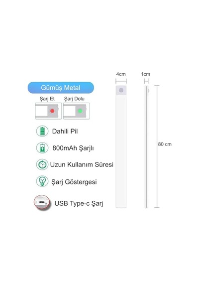 Tr Sensörlü Alüminyum Usb Şarjlı Led Gece Lambası, 3 Renk Kısılabilir, Mutfak Dolap Tezgah İçin 80 Cm Diğer