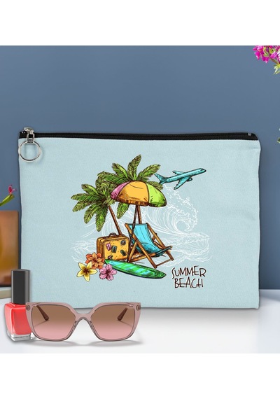 Bk Gift Yaz Temalı-9 Astarlı Açık Mavi Portföy Çanta 30x21cm, Baskılı El Çantası, Organizer Çanta