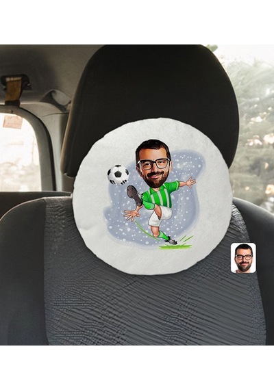 Bk Gift Kişiye Özel Erkek Yeşil Beyaz Futbolcu Karikatürlü Yuvarlak Araç Koltuk Yastığı-1