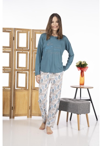 Estiva 24119 Kadın Yaprak Desenli Uzun Kollu Yazlık Viskon Pijama Takımı 001