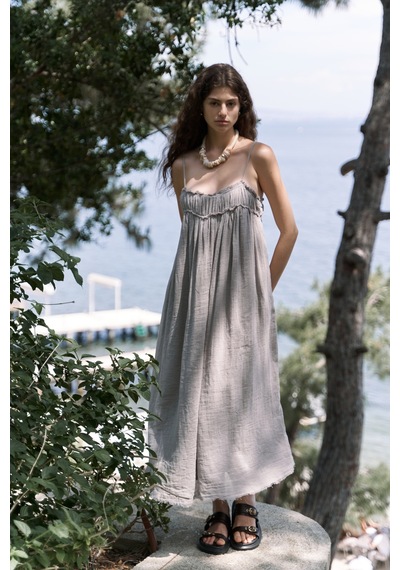 Mai Collection Mai Studios Co. Torrora Uzun Vizon Keten Elbise Vizon