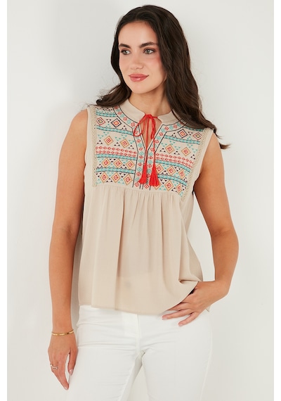 Lela Pamuklu Regular Fit Nakış Işlemeli Bayan Bluz 611Bz0249 Bej