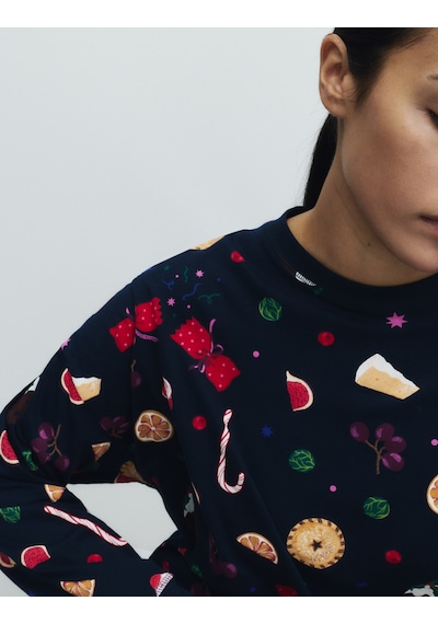 Marks & Spencer Saf Pamuklu Yılbaşı Desenli Pijama Takımı T37002275J Lacivert