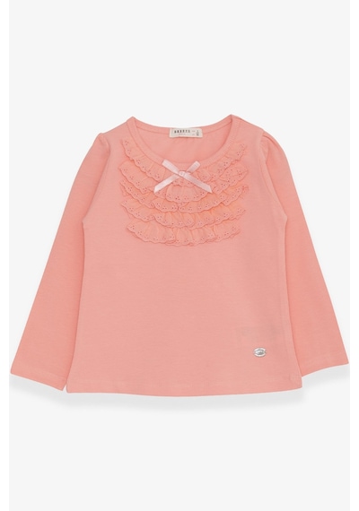 Breeze Kız Bebek Uzun Kollu Tişört Güpürlü Fiyonklu 6 Ay-8 Yaş, Somon-somon Somon