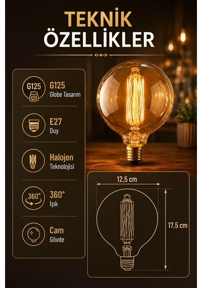G125 Glop 60w Dimmer Özellikli Halojen Ampul, E27 Duy, Dekoratif
