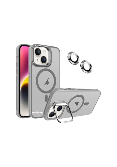 İphone 16 Plus Uyumlu Kılıf Açılır Kamera Stand Magsafeli Mat Renkli Şeffaf + Lens Koruyucu Set gri