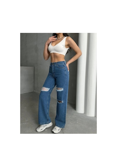 Kene Jeans Çift Diz Lazer Yırtık Mavi Bol Paça Jeans Mavi
