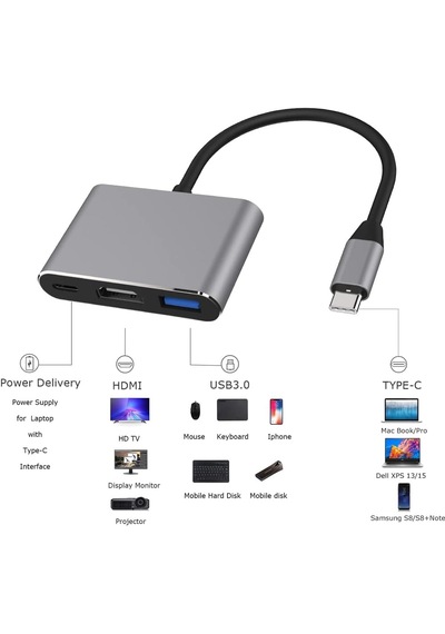 3-in-1 Type-c Çoklayıcı Adaptör Usb-c To Hdmı + Usb 3.0 + Pd Şarj Laptop, Apple Uyumlu MacBook , Tablet Ve Telefon Dönüştürücü Hub