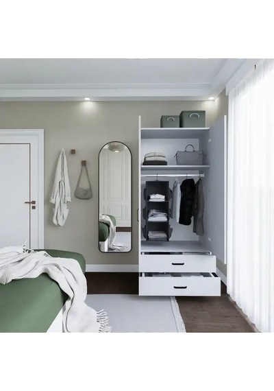 Yaman 80 Cm Mat Beyaz 2 Kapaklı 2 Çekmeceli Elbise Dolabı - Gardırop Beyaz