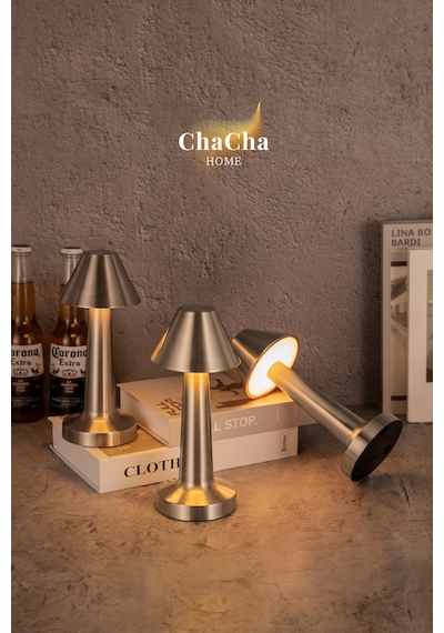 Chacha Home Pera Metal Led Masa Lambası 22x10 Cm - Lüks Dekoratif Abajur Ve Gece Lambası Gümüş