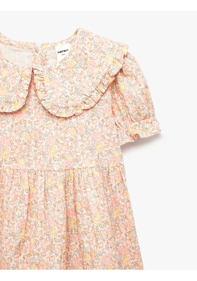 Koton Pamuklu Fırfırlı Kısa Kollu Bebe Yaka Çiçekli Elbise Pembe Desenli 6smg80063aw