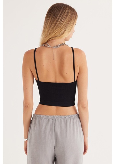 Tudors Kadın Slim Fit Dar Kesim İnce Askılı U Yaka Siyah Crop Atlet-35353 SIYAH