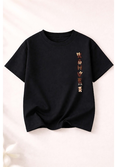 Herkesemoda Love Teddy Baskı Detaylı Kadın Bisiklet Yaka Pamuklu T-shirt Siyah