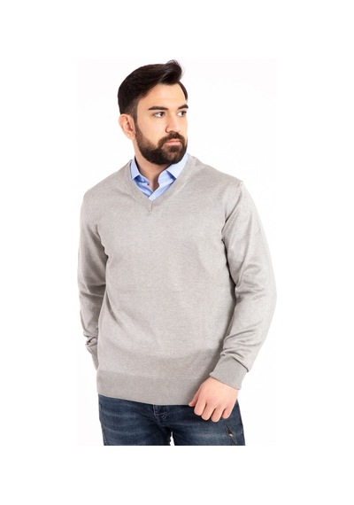 Nacar Store Erkek Gri İnce Yün Triko V Yaka Triko Kazak