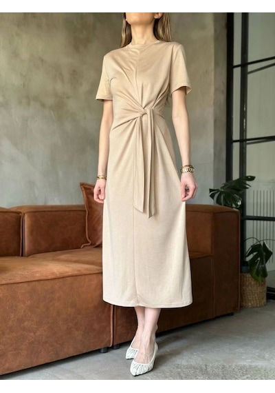 Defymoda Osy Modal Yumuşak Dokulu Kumaş Yandan Bağlamalı Elbise - Bej Bej