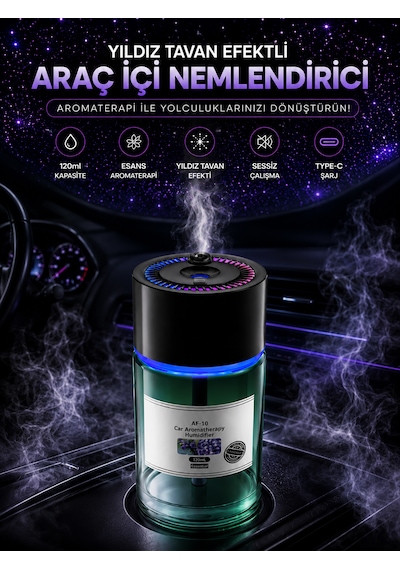 Araç İçi Hava Nemlendirici 120ml Yıldız Tavan Efektli Sessiz 300mah Şarjlı Araba Kokusu