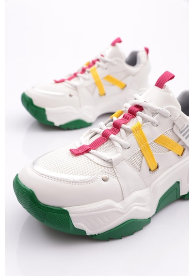 Dgn 65160 Kadin Bağcikli Sneaker Ayakkabi 65160-2027-R145933 Beyaz - Fuşya - Sarı