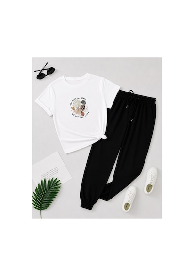 Herkesemoda Deniz Kabukları Baskı Detaylı T-shirt Eşofman Takımı Beyaz