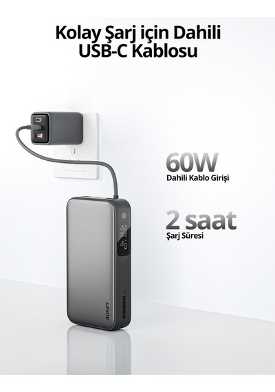 Aukey Pb-y48-gy 100w 20000 Mah Pd Destekli Dahili Type-c Kablolu Powerbank - Gri