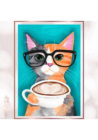 Kahve Keyfi Yapan Kedi - Sevimli Modern Art Pvc Tablo