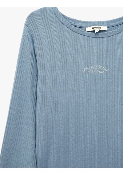 Koton Modal Kumaş Uzun Kollu Bisiklet Yaka Pijama Üstü Mavi 7wlk40068mk