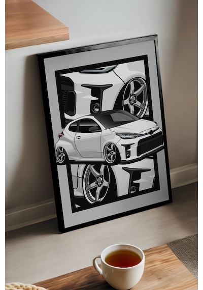 Toyota Gr Yaris Siyah Ahşap Çerçeveli Poster, Dekoratif Araba Duvar Tablosu