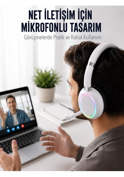 Bluetooth 5.0 Beyaz Kulak Üstü Kablosuz Kulaklık Mikrofonlu Rgb Aydınlatmalı