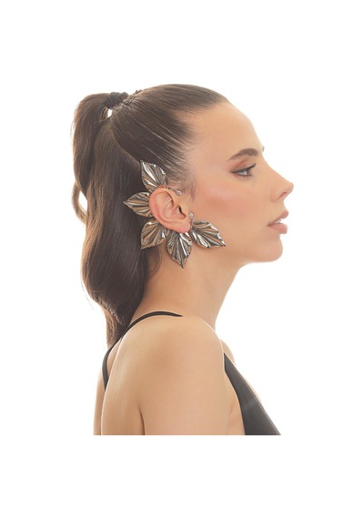 Kadın Gümüş Renk Lak Kaplama Zirkon Taşlı Yaprak Stilizesi Sağ Kulak Earcuff&kıkırdak Küpe Çok Renkli