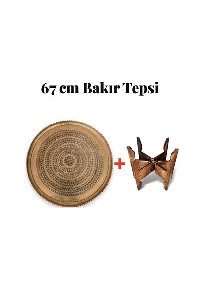 Binbir Trend 67 Cm El İşlemeli Otantik Desenli Kalın Urfa Bakır Tepsi Petek Yıldız Göbekli + Katlanabilir Yer Sehpası