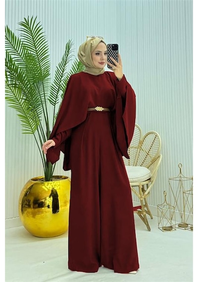Neşeli Butik Kadın Pelerinli Kemer Detaylı Tesettür Tulum Nms061 Bordo